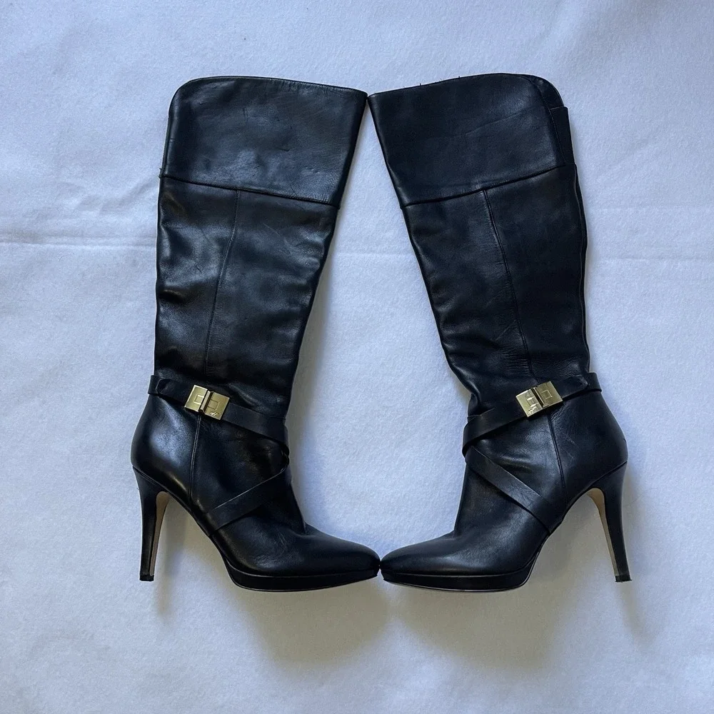 Women's Thin High Heel Boots,Leather Platform, Size 7 - Picture 2 of 9